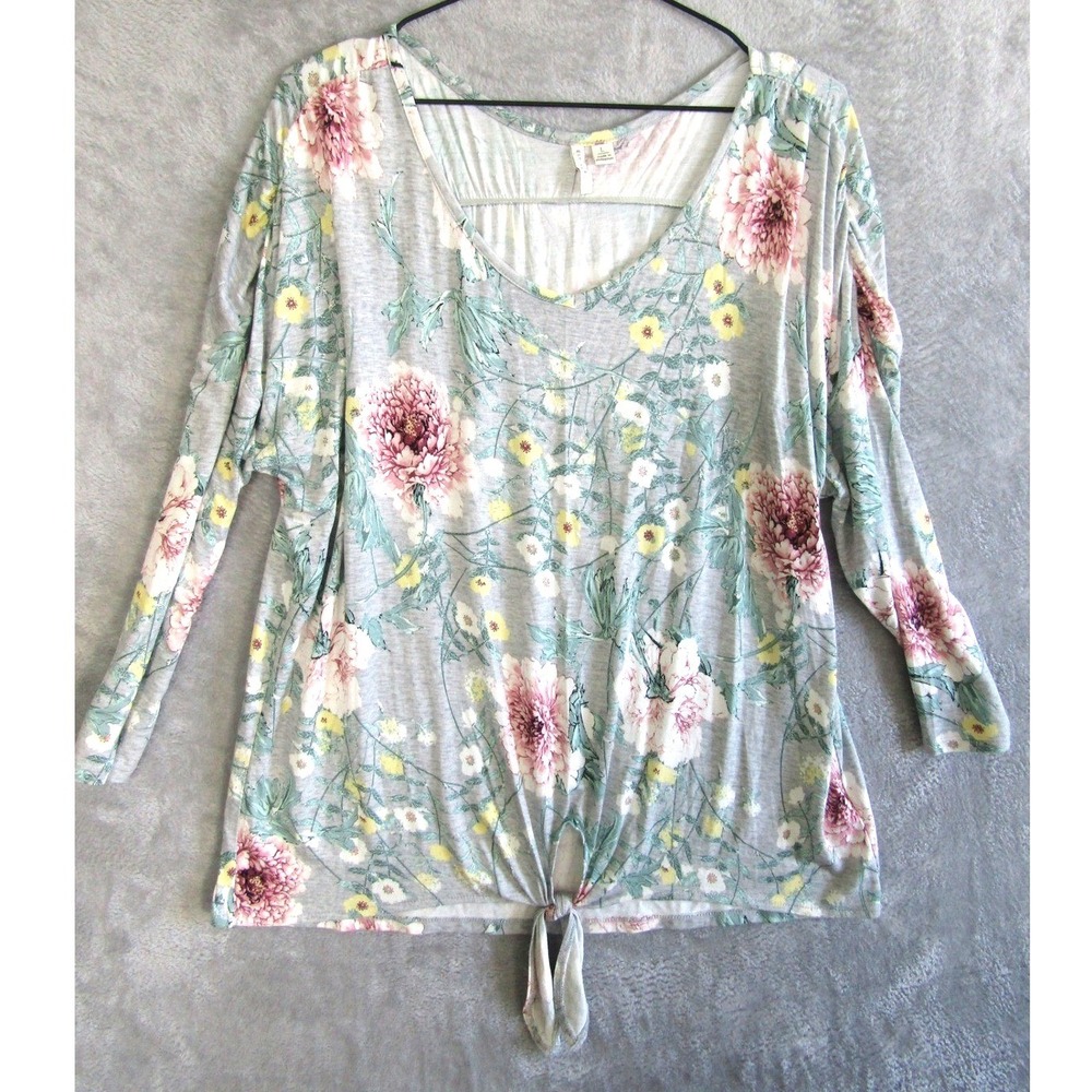 Est 1946 Floral Print Tunic Top Long Sleeve Tie Front Gray Pink Yellow Womens L